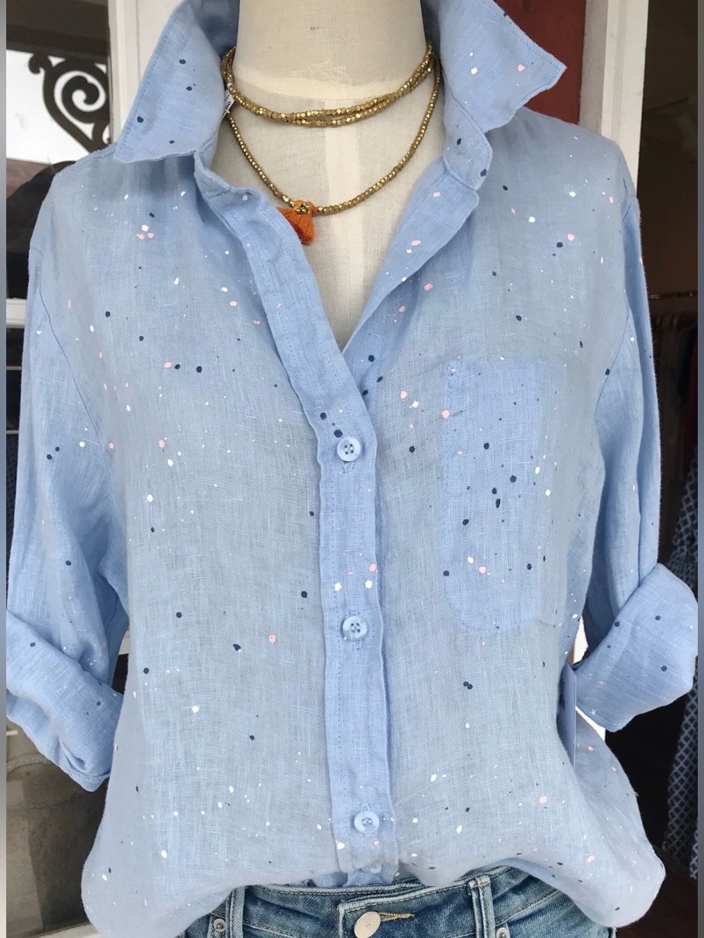 Cloth & Stone  Paint Splatter 100% Linen Top with Inside Breast  Pocket .